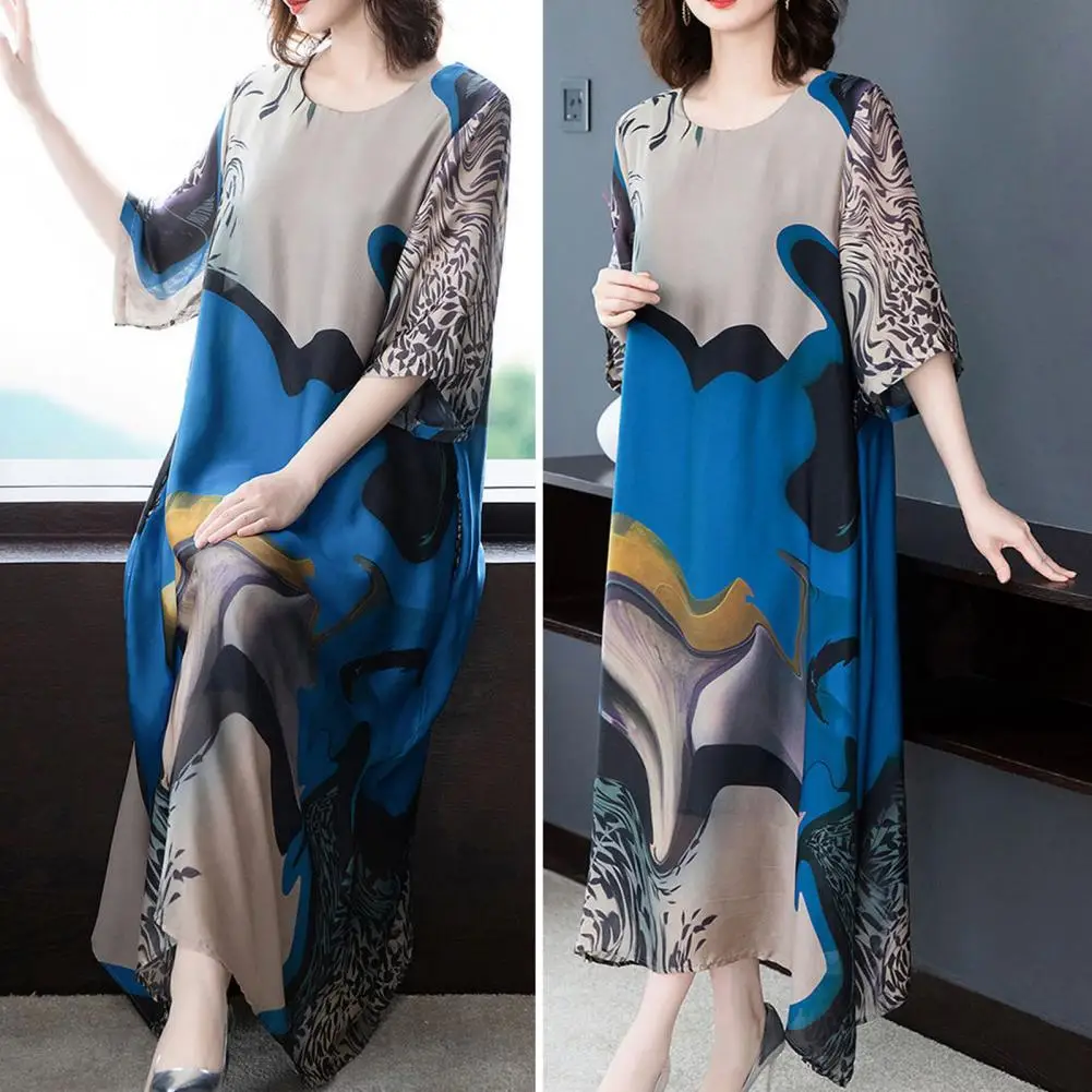여성용 O넥 루즈 캐주얼 빈티지 프린트 실크 미디 드레스 로브, 용수철 여름 무도회 원피스, 우아한 파티 드레스, 2024