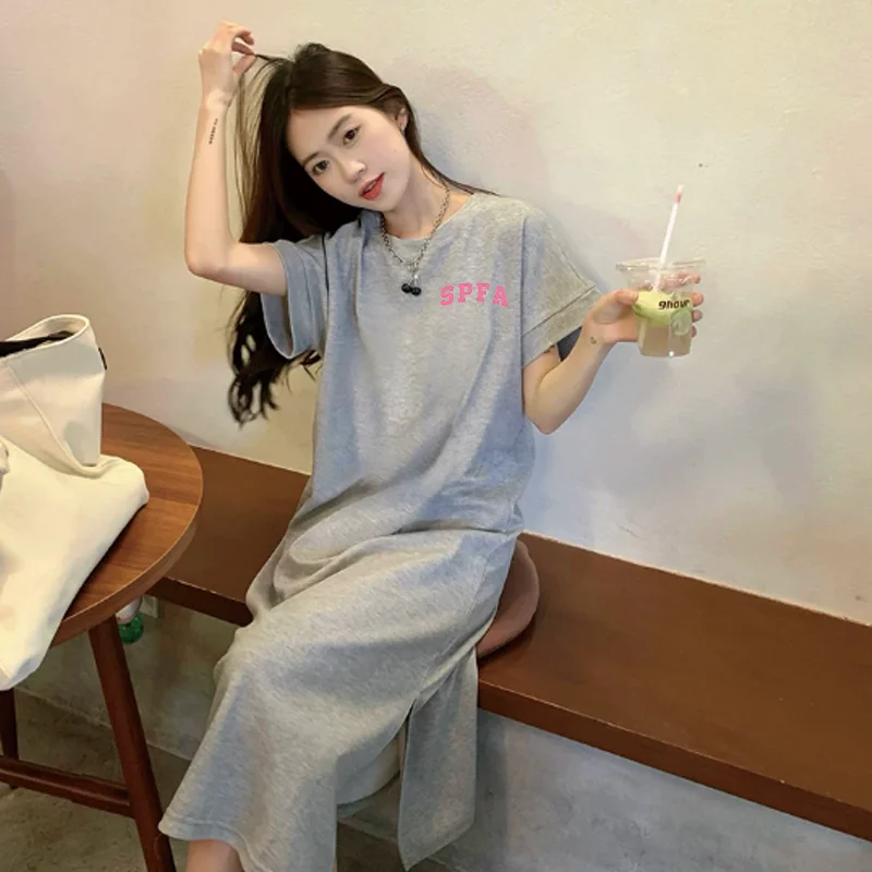 SPFA Bedrucktes Lässiges Tunika-Kleid für Damen, Lockeres Langes Maxi-T-Shirt-Kleid mit Kurzen Ärmeln und Seitenschlitz, Homewear für Damen
