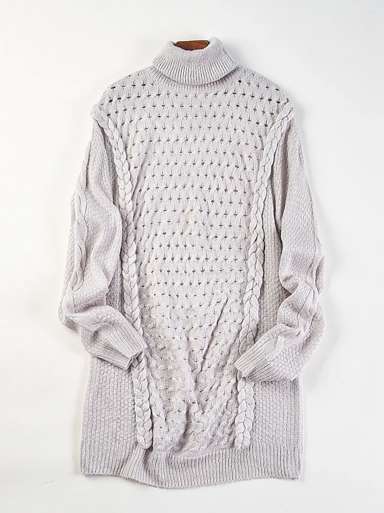 

Loose High Collar Twisted Knit Dr Women's H82959 Hollow out Design Casual Sle Mid-Length Sweater Soft Comfortable Fabric