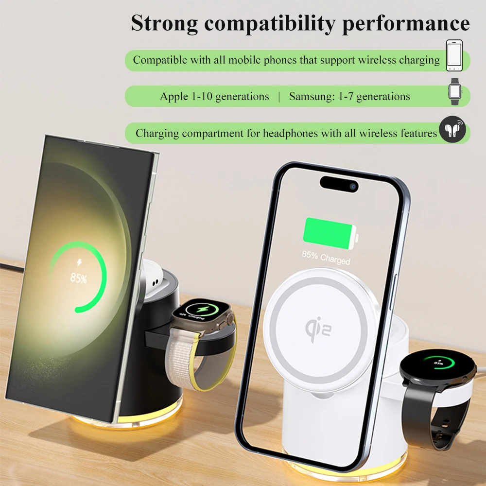 Qi2 Wireless Charger with Night lamp 3in1 Magsafe Chargers Station for iPhone & Samsung Apple Watch Magnet Fast Charging Station