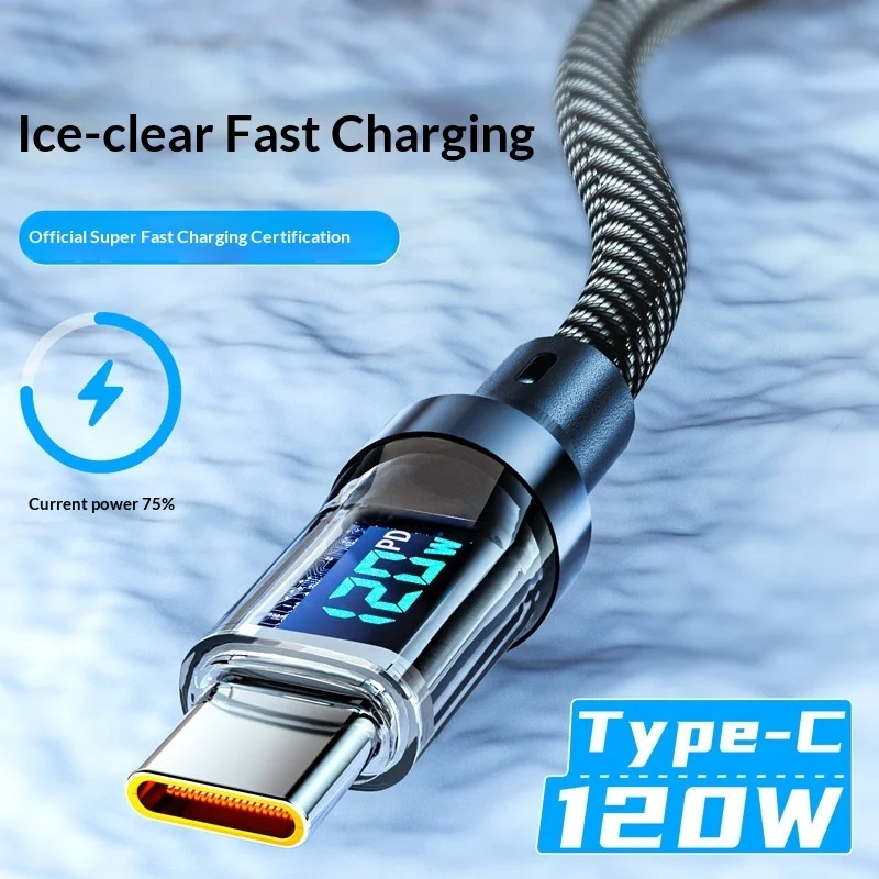 120W PD Fast Charging USB-C Cable Transparent LED Display, Braided Quick Charge Data Cord For iPhone 16 Huawei Tablet 27W