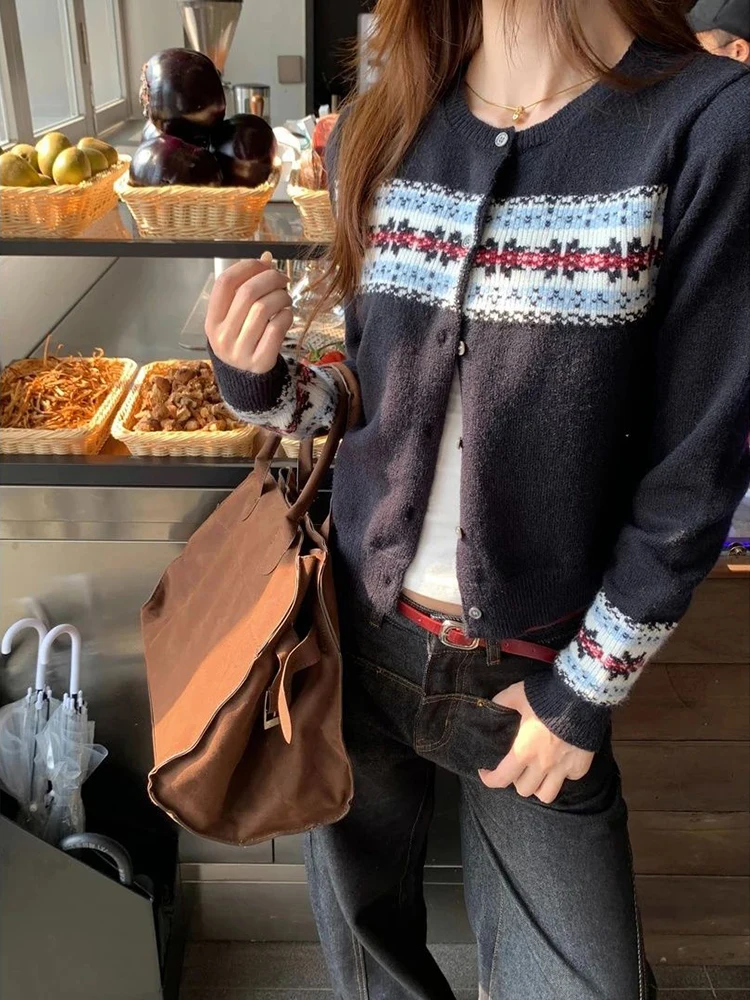 Outono inverno vintage malha cardigan feminino botão jacquard manga longa camisola casual preppy o pescoço doce retro estudante curto topos