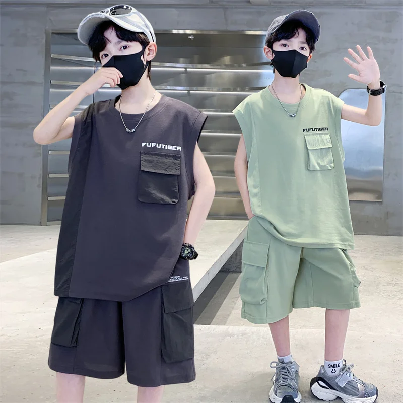 

Boys Summer Kids Solid Color Clothing Set Casual Cotton Sleeveless Top and Bottom Cargo Shorts 2pcs Suit 6 7 8 9 10 11 12 13 14Y
