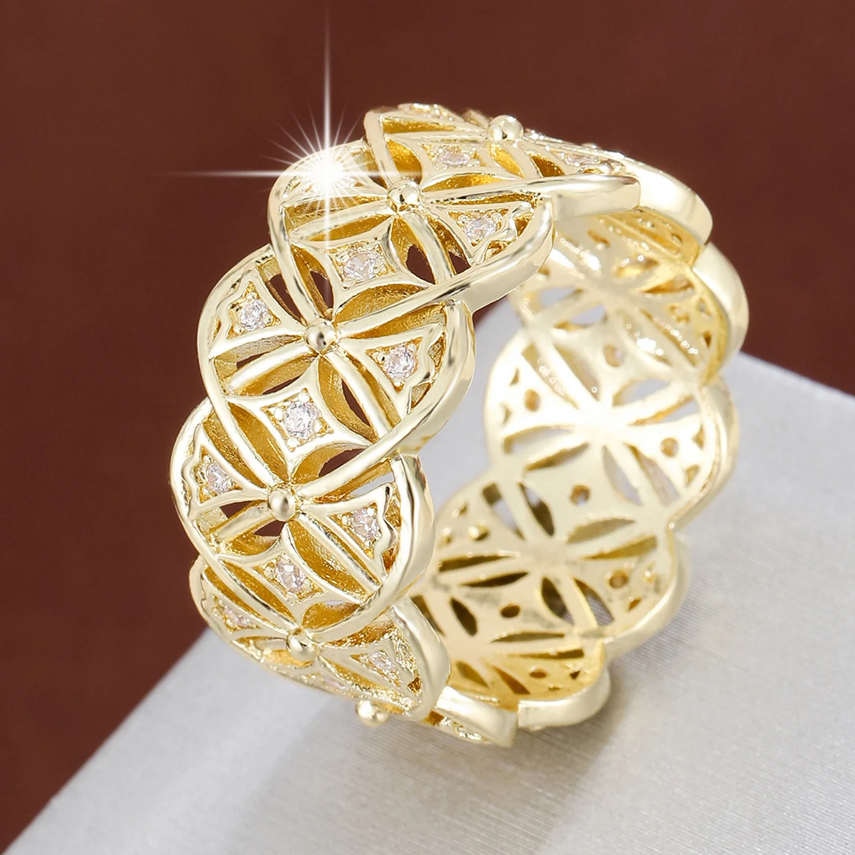 Ornate Geometric Hollow Women's Ring with Sparkling CZ