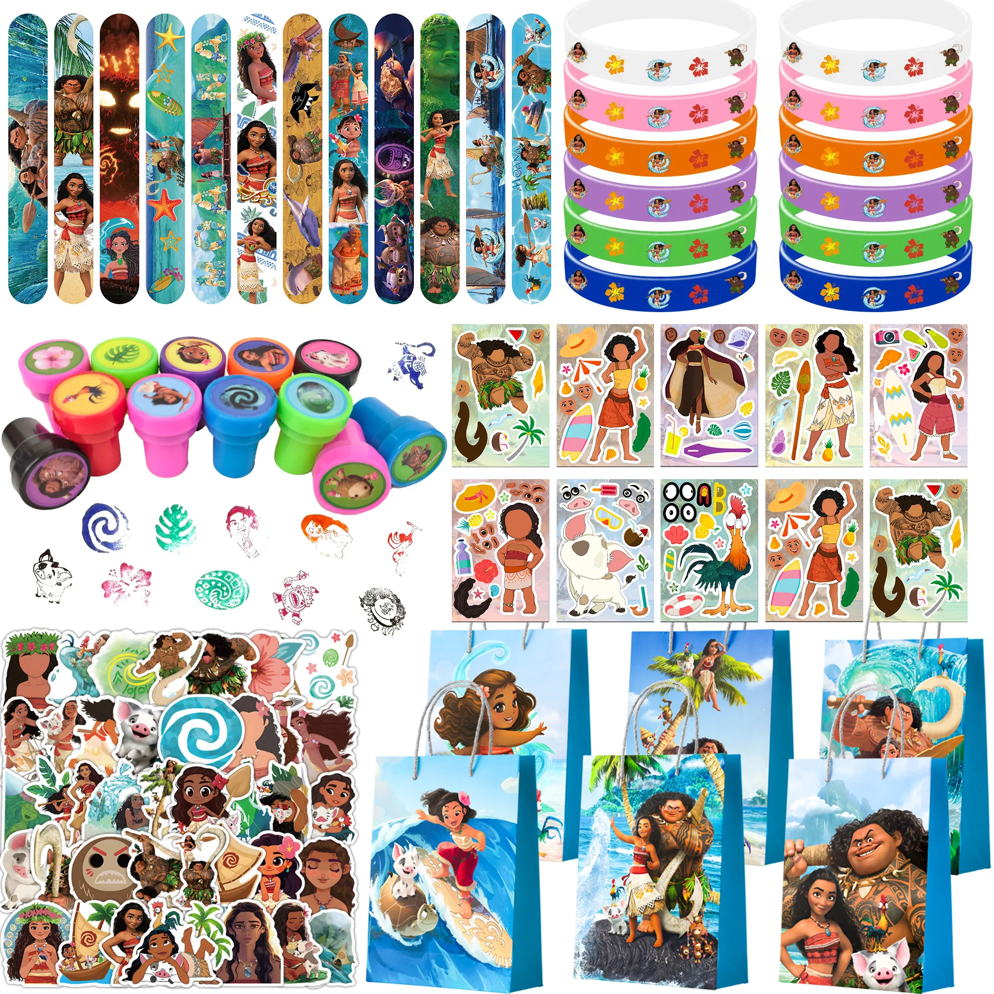 Moana Cadeaux de fête d'anniversaire, 110 pièces Cadeaux de fête Moana tout-en-un - Sacs de cadeaux de fête Moana Stamper Autocollants etc. Cadeaux de fête Elsa