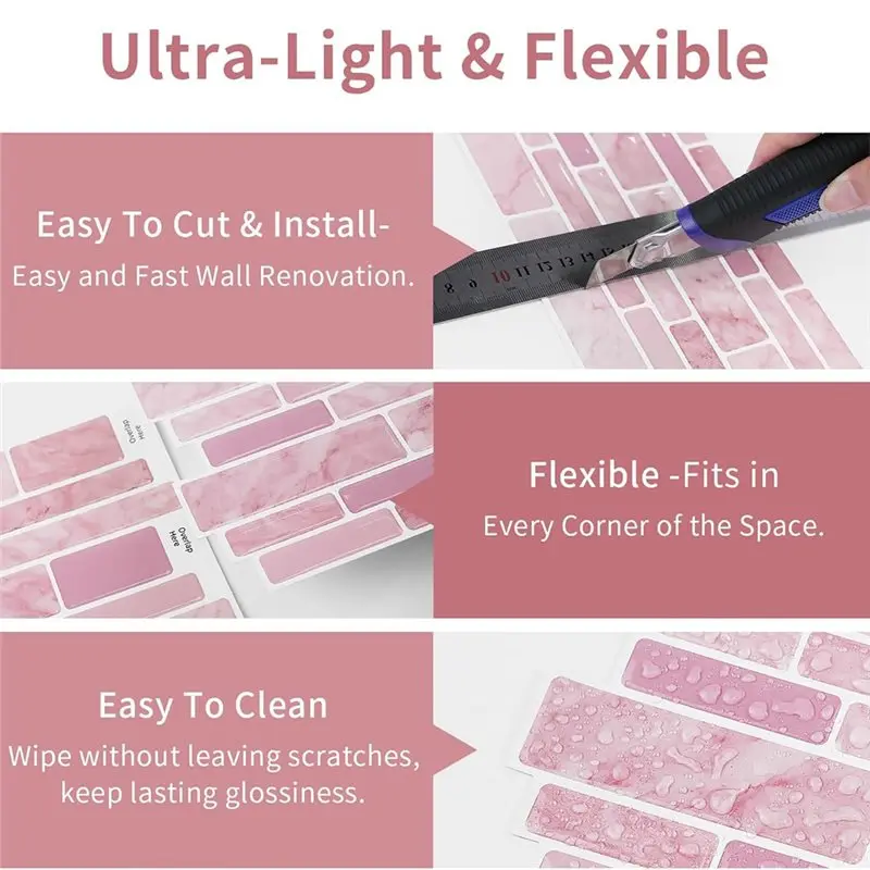A93E-9.69X4.72Inch Marble Subway 3D Self Adhesive Wall Tile Sticker, Waterproof Backsplash For Kitchen Bathroom, Pink, 10Pcs