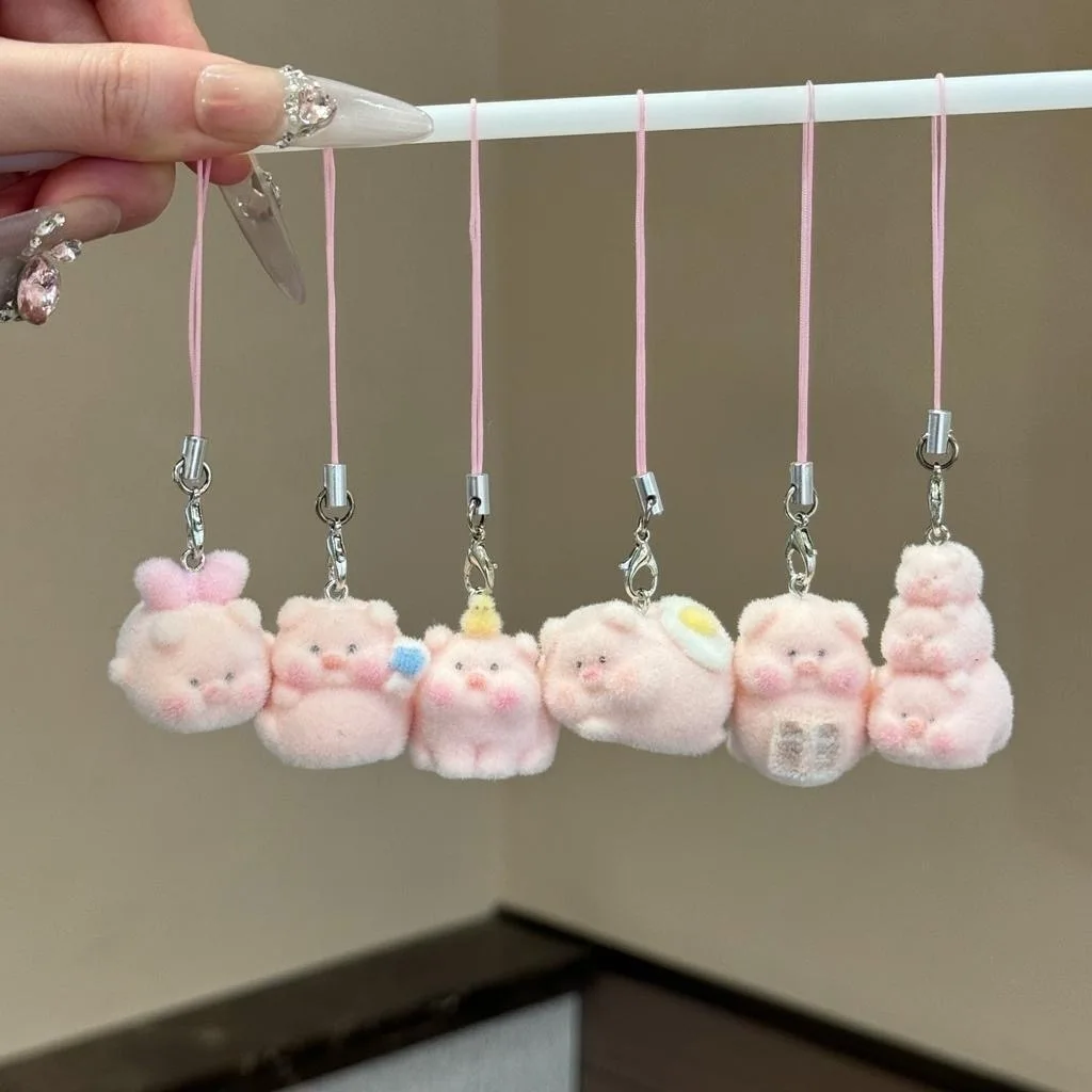 6Pcs Flocked Pig Plush Lanyard Pendant Cute Animal For Jewelry Making Bag Phone Keychain Accessories