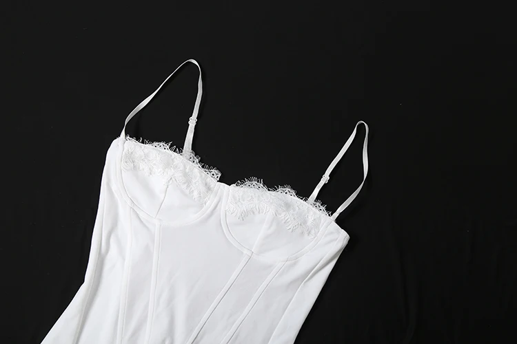 Weird Puss Spitzenkleid für Damen, tief ausgeschnittenes, unregelmäßiges Saumdesign, ärmellos, figurbetont, mit dekorativen Fischgräten, sexy, für Mitternachtspartys, Mini-Bodycon-Kleid – Detail 6