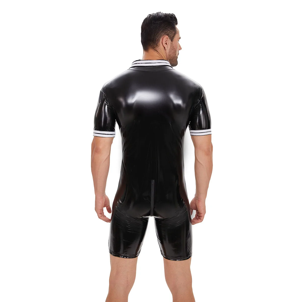 S-7XL Men\'s Short Sleeve Shiny Faux PU Leather Catsuit Sexy Zipper Open Crotch Bodysuit PVC Tights Hot Shapers Leotard Plus Size