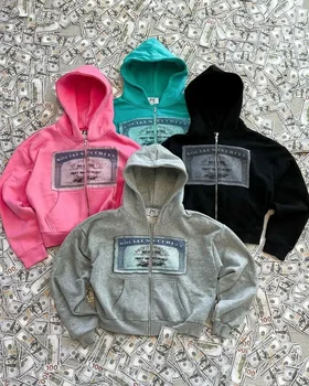 Hip-hop retro autumn casual zipper hoodie personalized pattern print Harajuku street…