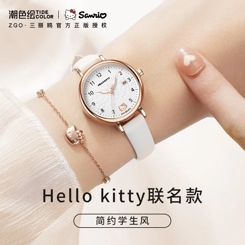 ZGO X Sanrio Hello Kitty jam tangan anak perempuan, jam tangan siswa tali kulit kalender tahan air kuarsa kotak hadiah 270