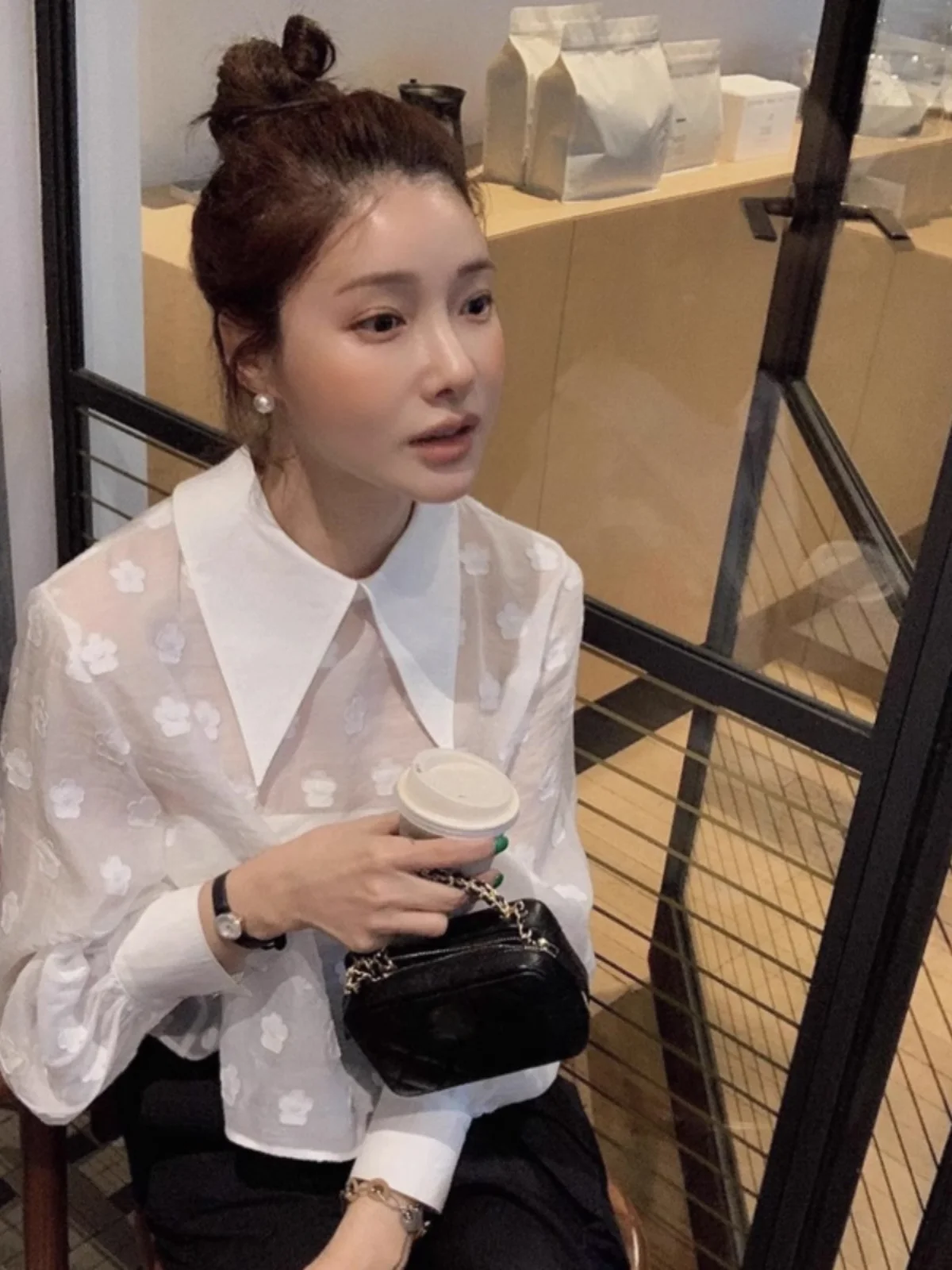 

Женский прозрачный кукольный воротник с вышивкой в стиле ретро, irt Ba, разделенный дизайн, базовый слой, топ Bubble Sve Long Sve, свободный крой