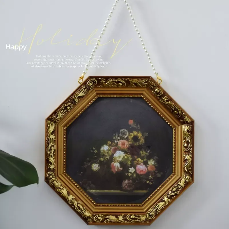 Octagon Niche Retro Decorative Painting Light Luxury Pearl Chain Hanging Art Still Life Baroque Rococo Style for Living Room