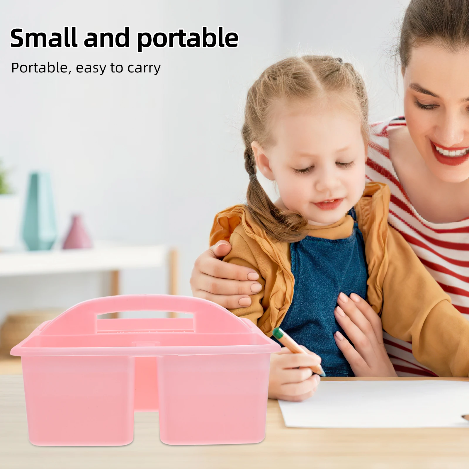 Portable 3 Compartments Storage Basket Pink Handheld Organizer for Classroom Craft Supplies Caddy Stationery Tool Container