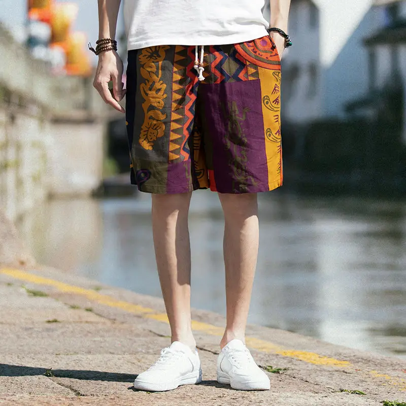 Japanese Vintage Boyfriend 2024 Summer Patchwork Elasticized Drawstring Printing Pocket for Comfortable Loose and Casual Shorts