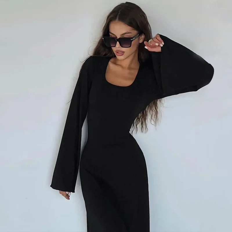 Sexy Bodycon Elegant Maxi Dress Female Fashion Slim Bandage Dresses Autumn Casual Long Flare Sleeve Robe Office Ladies Vestidos