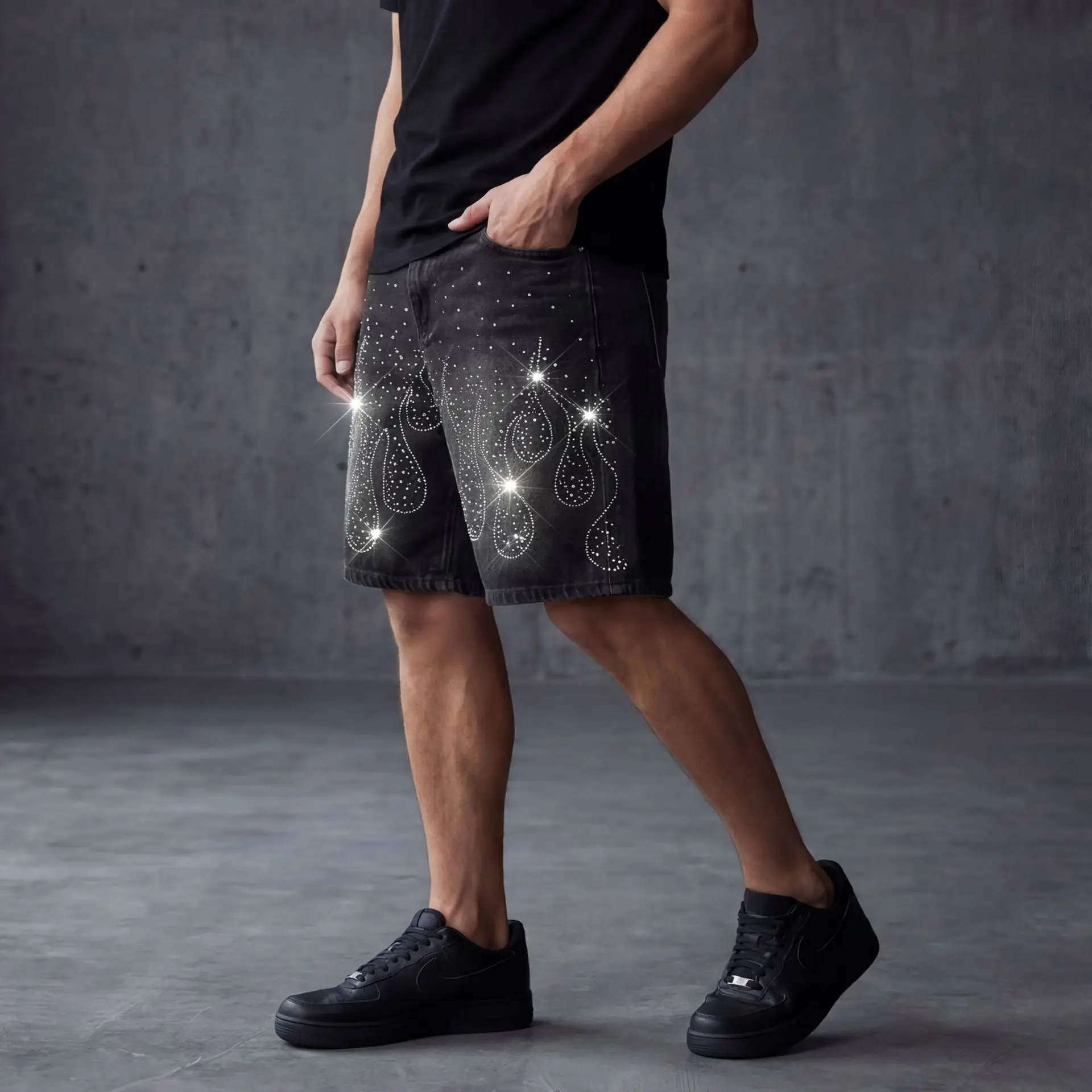 Summer Rhinestone Denim Shorts Men's Streetwear Casual Hot Pants