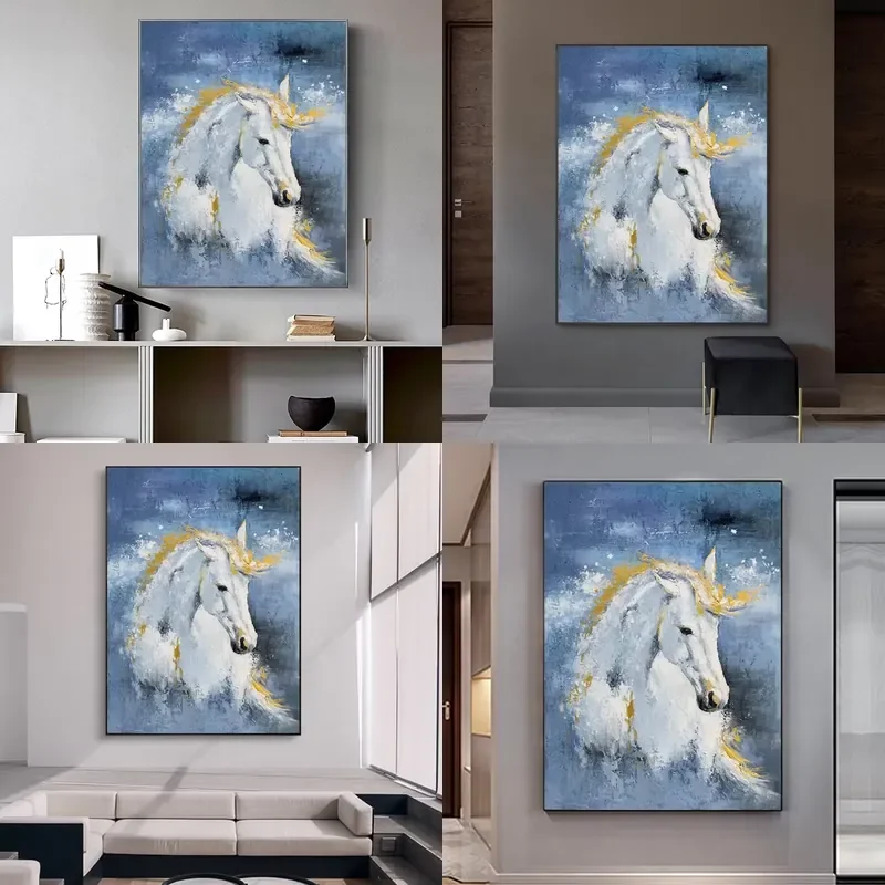 Nordic Style Horse Head Gold Foil Handpainted Original Animal Modern Wall Art Oil on Canvas