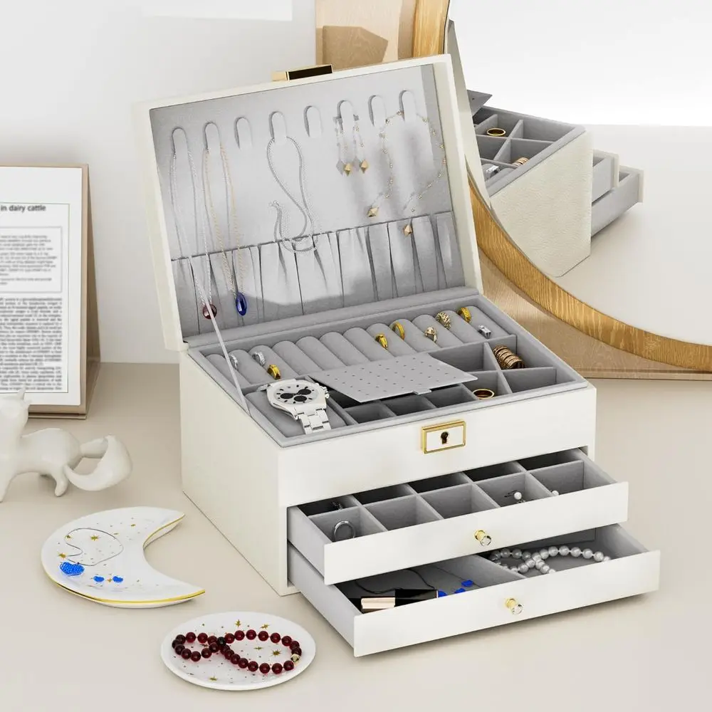 

Jewelry Box with 2 Trays, 3-Layer PU Leather Organizer for Earrings, Rings, Necklaces, Bracelets, Watches, Women's Gift