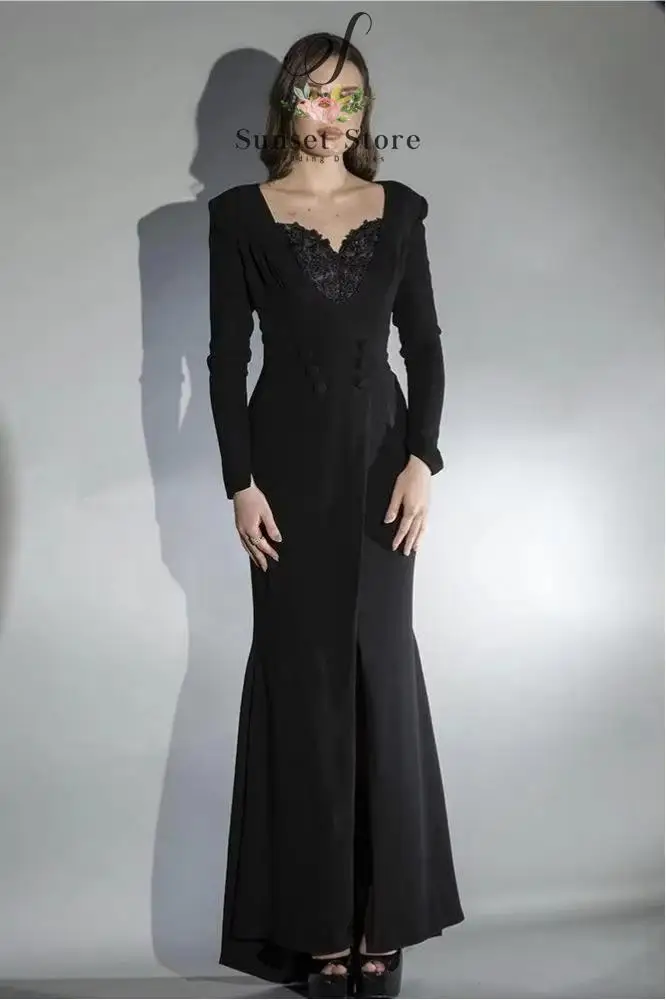 Customized  Evening Dress Long Sleeve Lace Detail High Slit Crepe Formal Gown For Dubai Wedding Guest