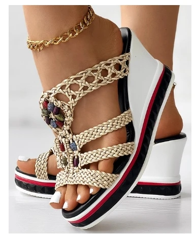 Fashion Sandals Flip Flops Women Colorful Beaded Braided Wedge Shoes Beads Slippers Platform Summer Shoes Wedges Ladies