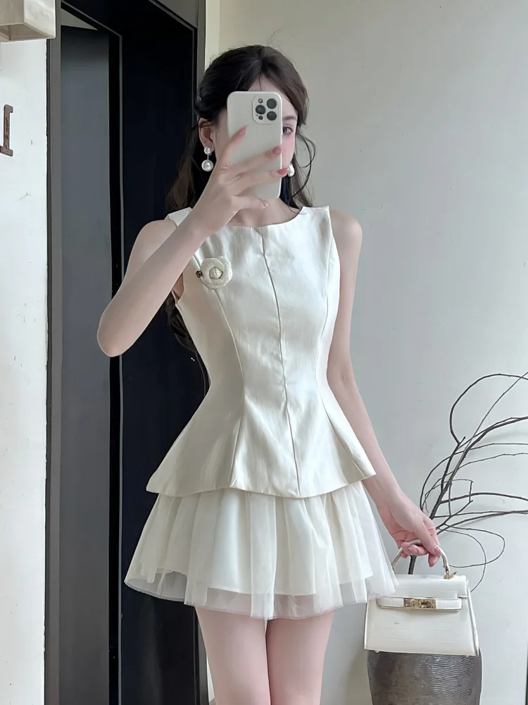 2025 Summer New Korean Sweet Three-dimensional Flower Bow Tops + Skirt 2 Piece Sets Women Outfit Conjuntos Femininos Elegantes