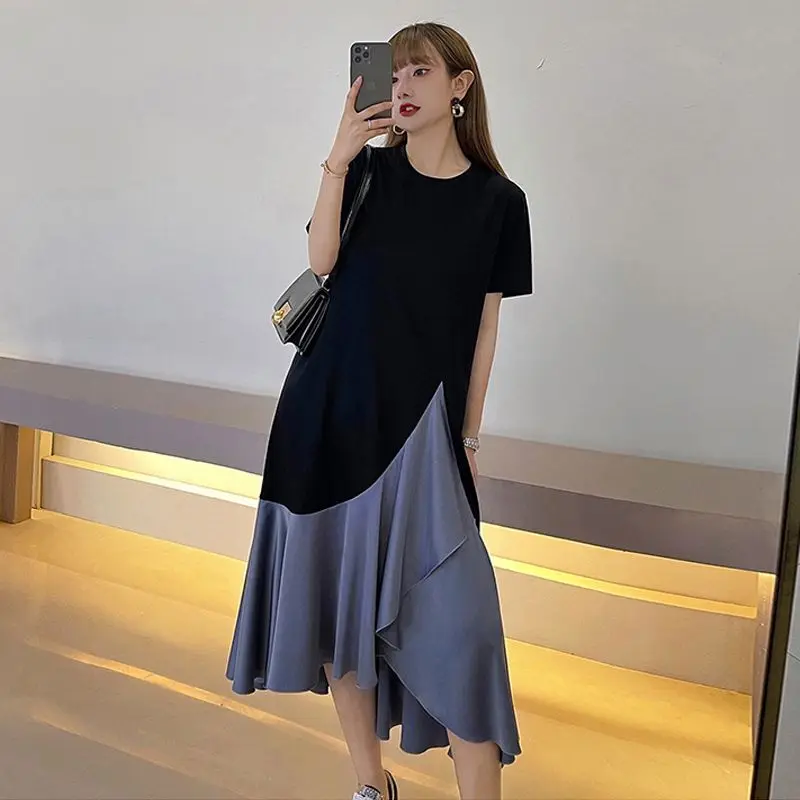 Korean Dress Women Chic Summer Loose Fake Two Robe Femme 2025 Vestidos De Mujer Casual Irregular Contrast Color Loose Dresses