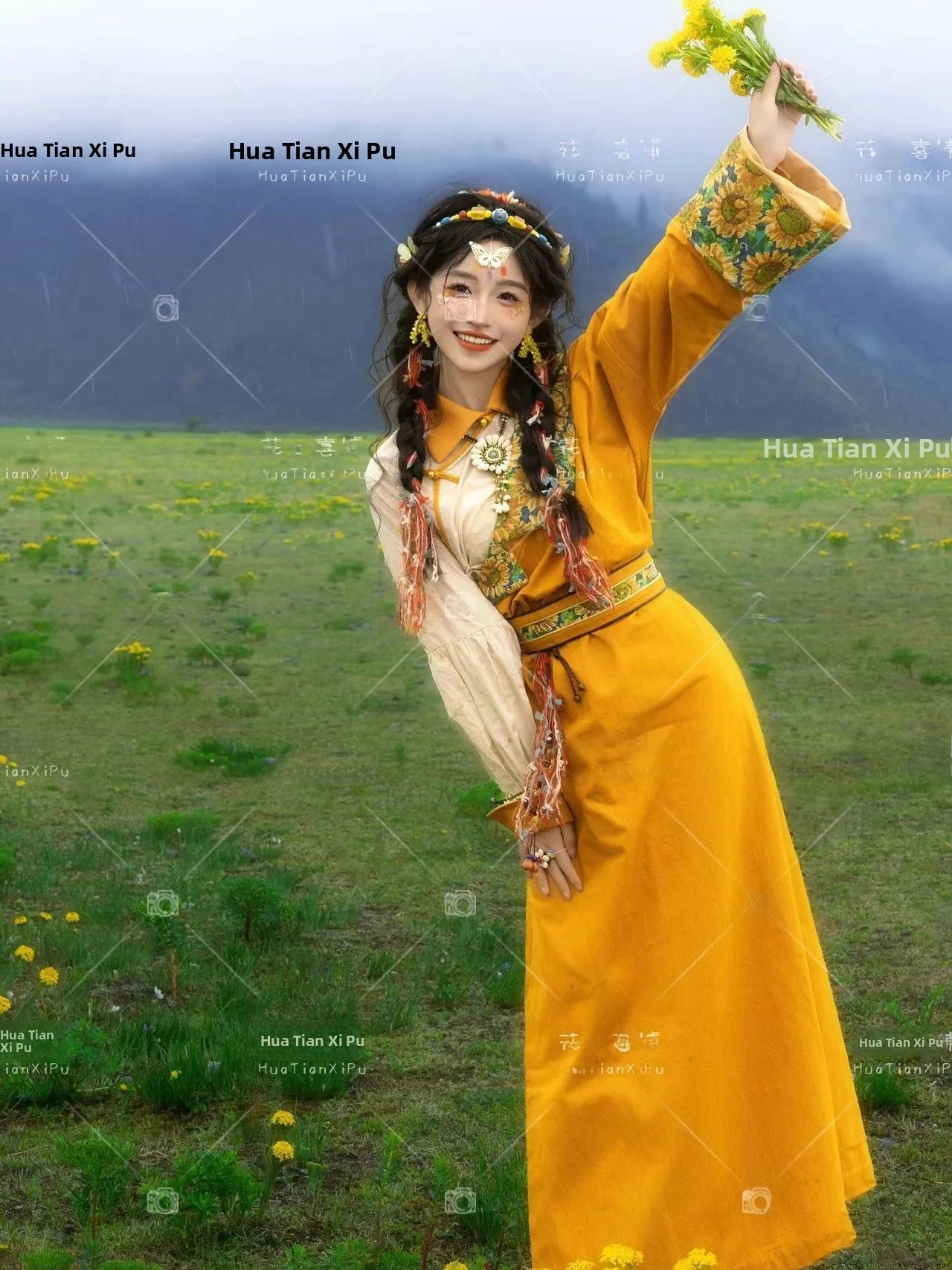 

Spring Autumn Tibetan Costume Women's New Style Yellow Improved Ethnic Wind Tibet Clothes Yunnan Travel Photo Shoot Clothing