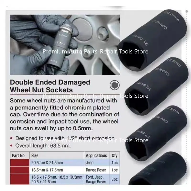 

Инструмент для поврежденных наконечников, глубокая длина, набор откидных ударных гаек, втулка для снятия колесной гайки, инструмент для втулки шины 18,5 мм x 19,5 мм/20,5x21,5 мм для Ford