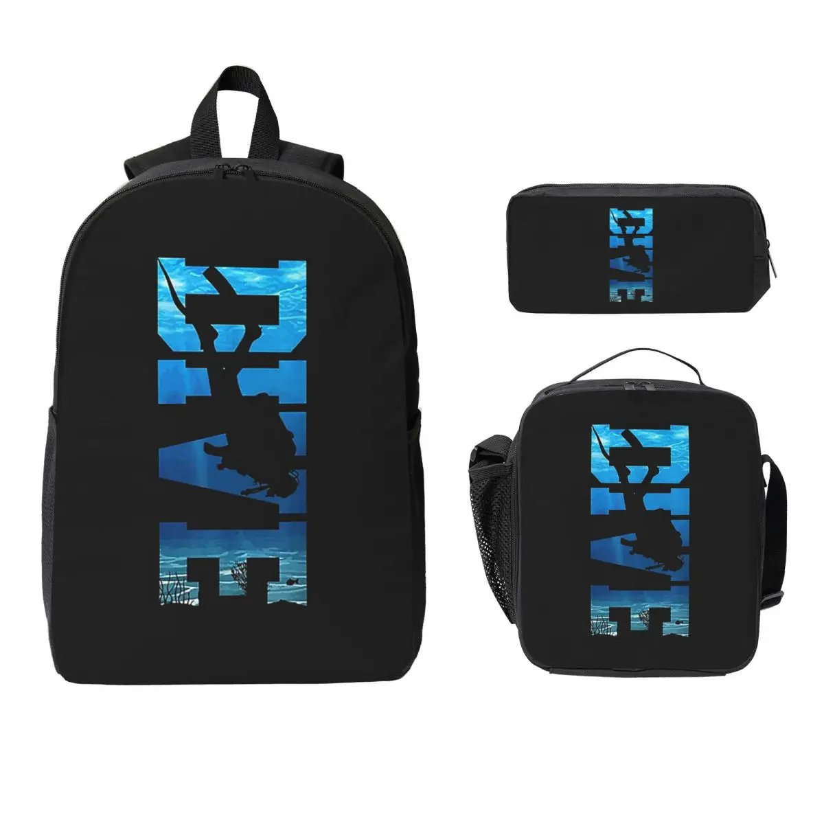 

Scuba Diving DIVE Scuba Diver Gift Backpack BookBag School Bag Computer Shoulder Bags 3ps Insulated Lunch Bag Pencil Case