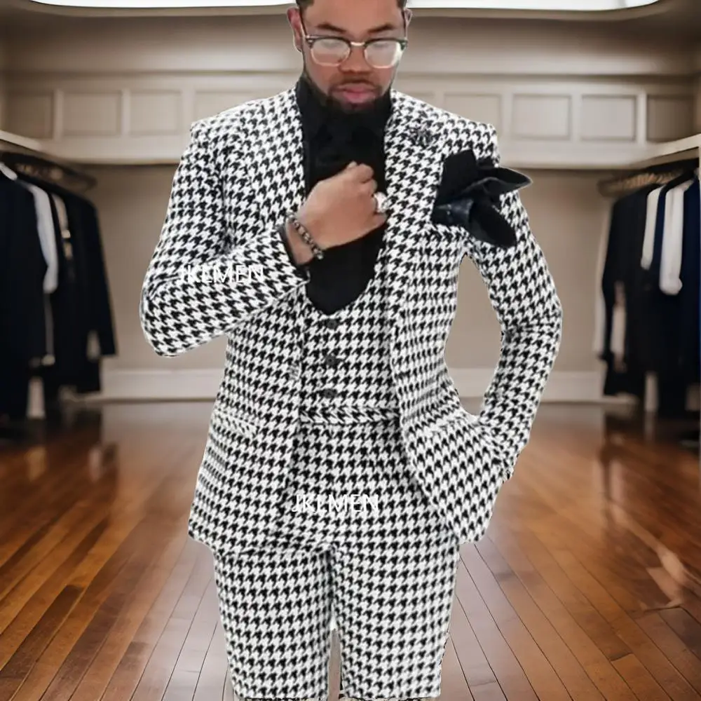 Houndstooth Men Suits Peak Lapel Wedding Tuxedo for Groom Single Button Prom Plaid Costume 2024 Custom Made Latest Design
