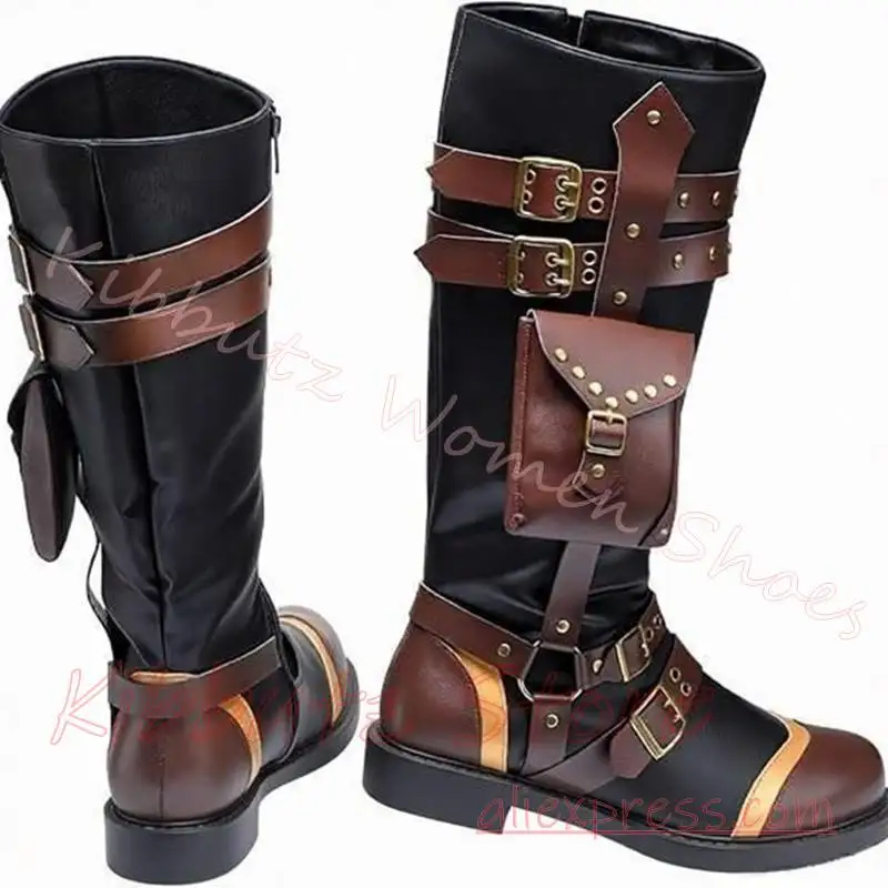Steampunk Knee High Boots Gear Pocket Multi Buckle Side Zip Flat Sole Vintage Gothic Cosplay Renaissance Footwear Leather Sexy view 2