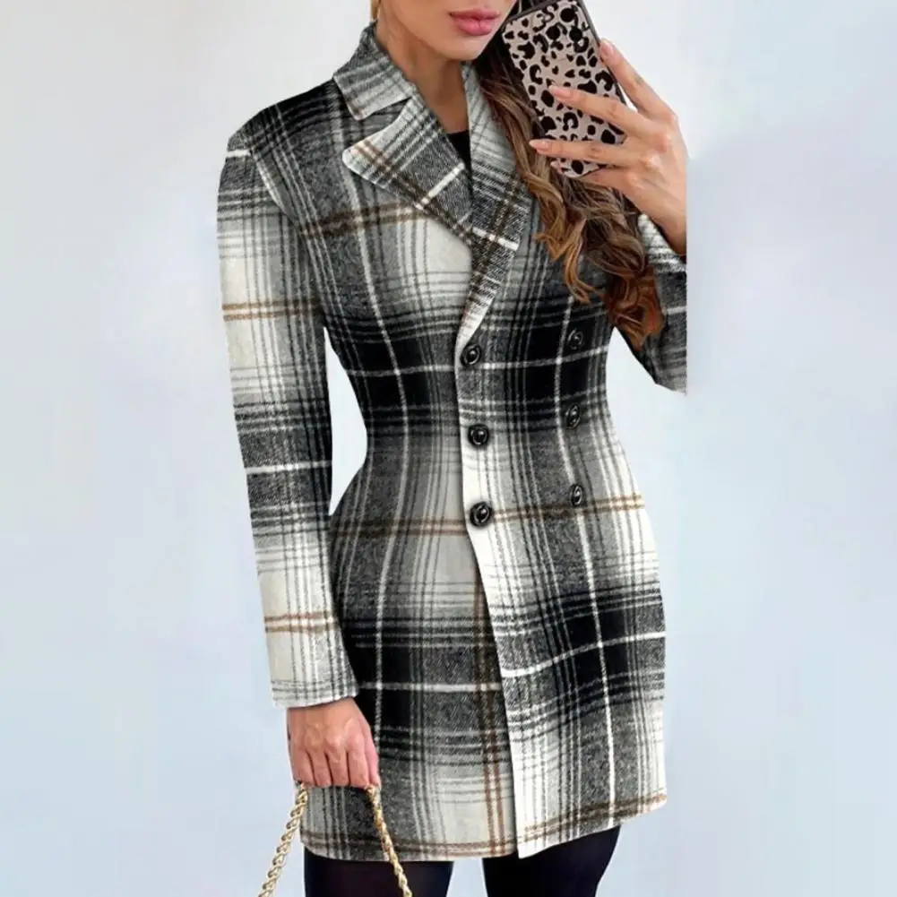 

Workwear Suit Coat Plaid Print Double-breasted Women's Suit Coat for Fall Winter Business Style Commute Jacket with Slim Fit