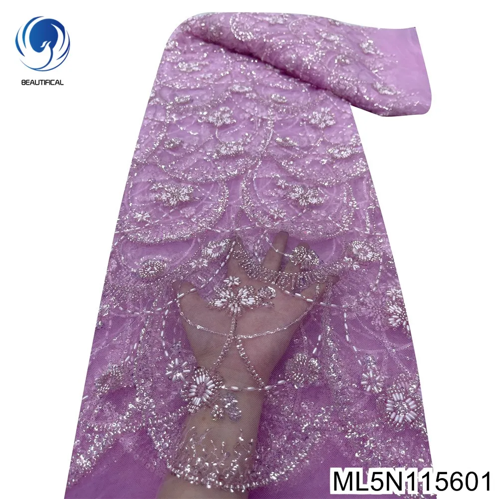 

2024 New Product Debut, Simple and Beautiful African Net Lace , 5 Yards Beads and Sequins Fabric, Evening Dress, ML5N1156