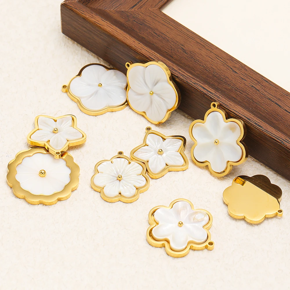 3 Stück Edelstahl-Blumen-Anhänger mit flacher weißer Muschel für DIY-Schmuckherstellung für Frauen, Halsketten, Ohrringe, Anhänger und Zubehör. – Detail 5