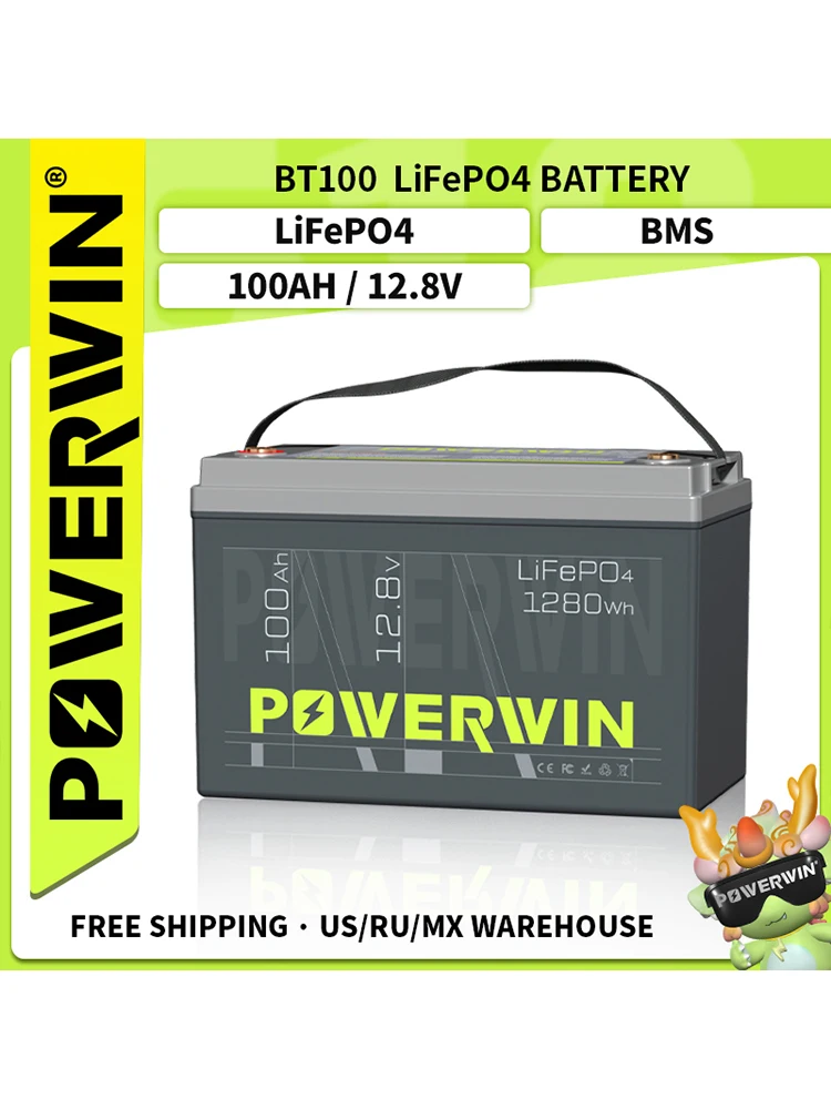 POWERWIN BT100 12.8V 100Ah 1280Wh LiFePO4 Battery 4000+Deep Cycle Rechargeable Built-in BMS Grade A Cell Solar Power Inverter RV