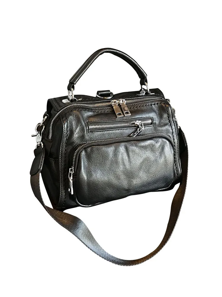 Preto de couro genuíno bolsa feminina moda zíper totes bolsas ombro único simples cor sólida casual crossbody sacos