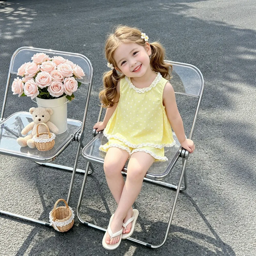 Summer New Yellow Casual Polka Dot Set for Girls Aged 2-7 Round Neck Lace Vest+shorts Two-piece Set Korean Version