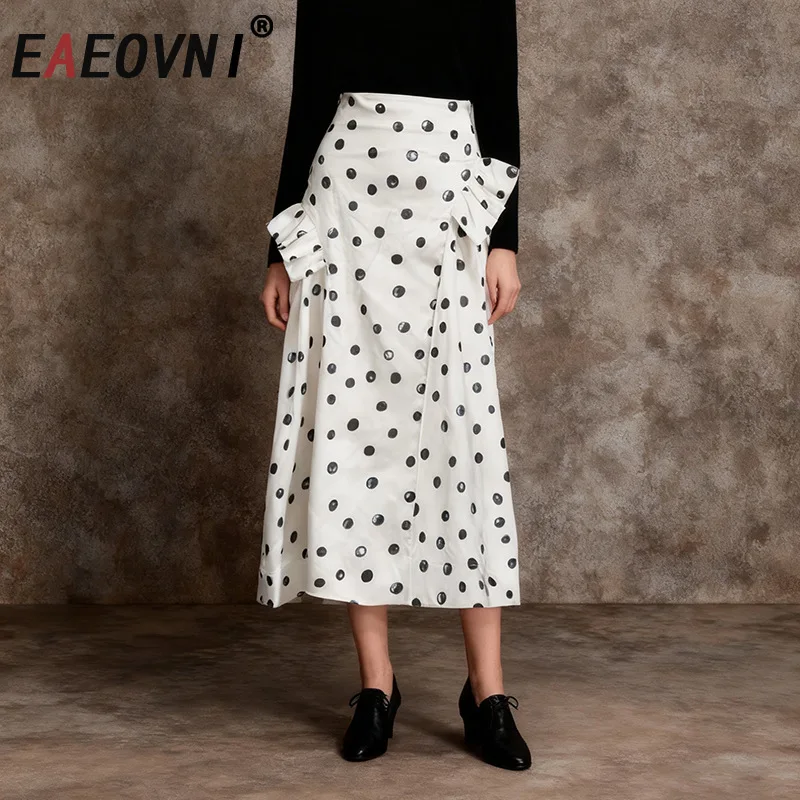 

EAEOVNI Black Dot Spliced Design Skirt Women Fashion High Waist Ruffles Patchwork A Line Long Skirts Elegant Clothing