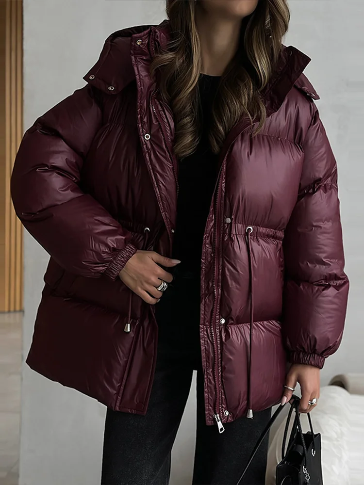 

Casual Hooded Cotton-padded Coat Women Drawstring Waist-Closed Solid Zipper Jacket Lady 2025 Winter Chic Female Street Outerwear