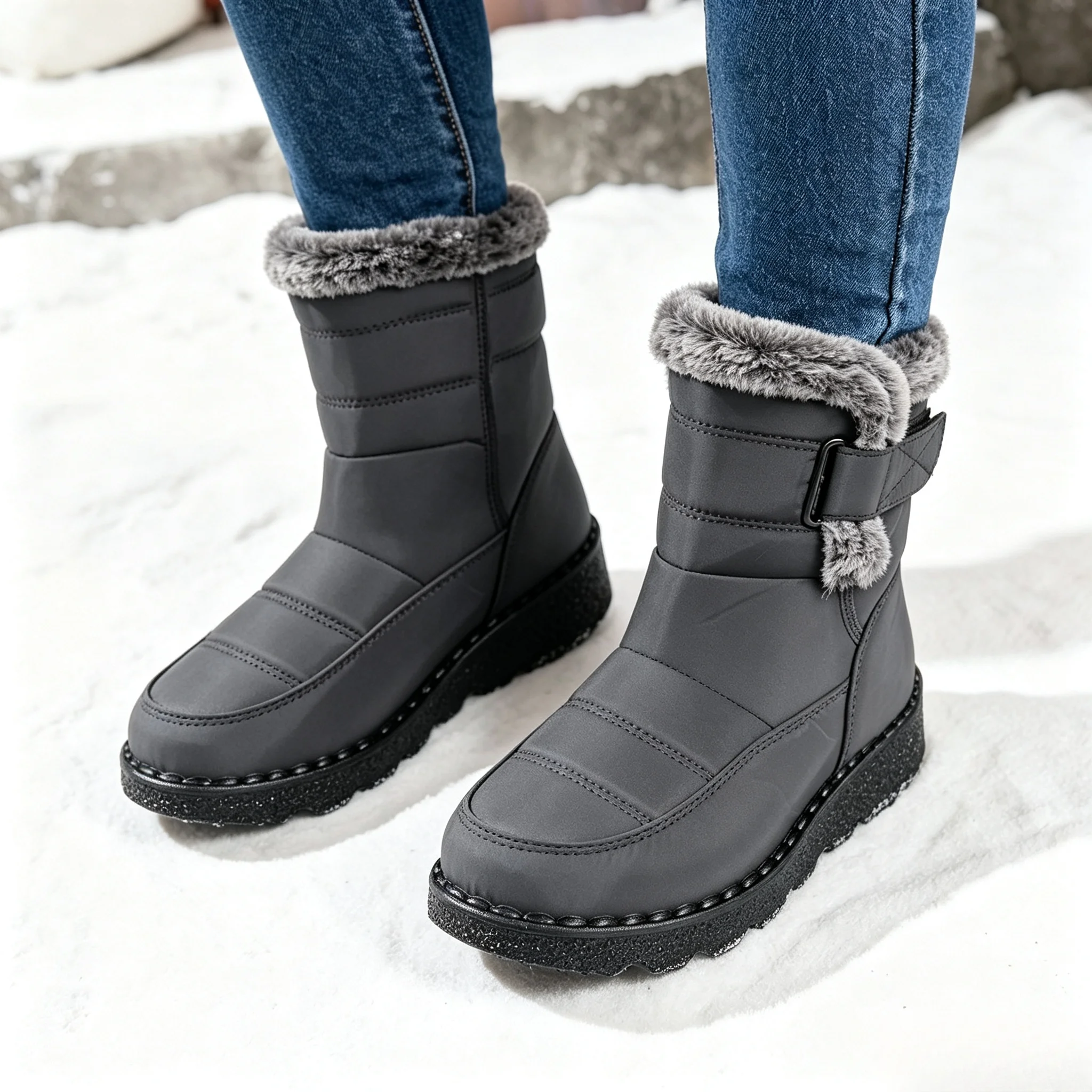Damen Winter Pelzige Plateau-Schneestiefel 2026 Trend Wadenlange Winterstiefel Wasserdicht Rutschfest mit Schnalle Warm Flauschig Outdoor – Detail 13