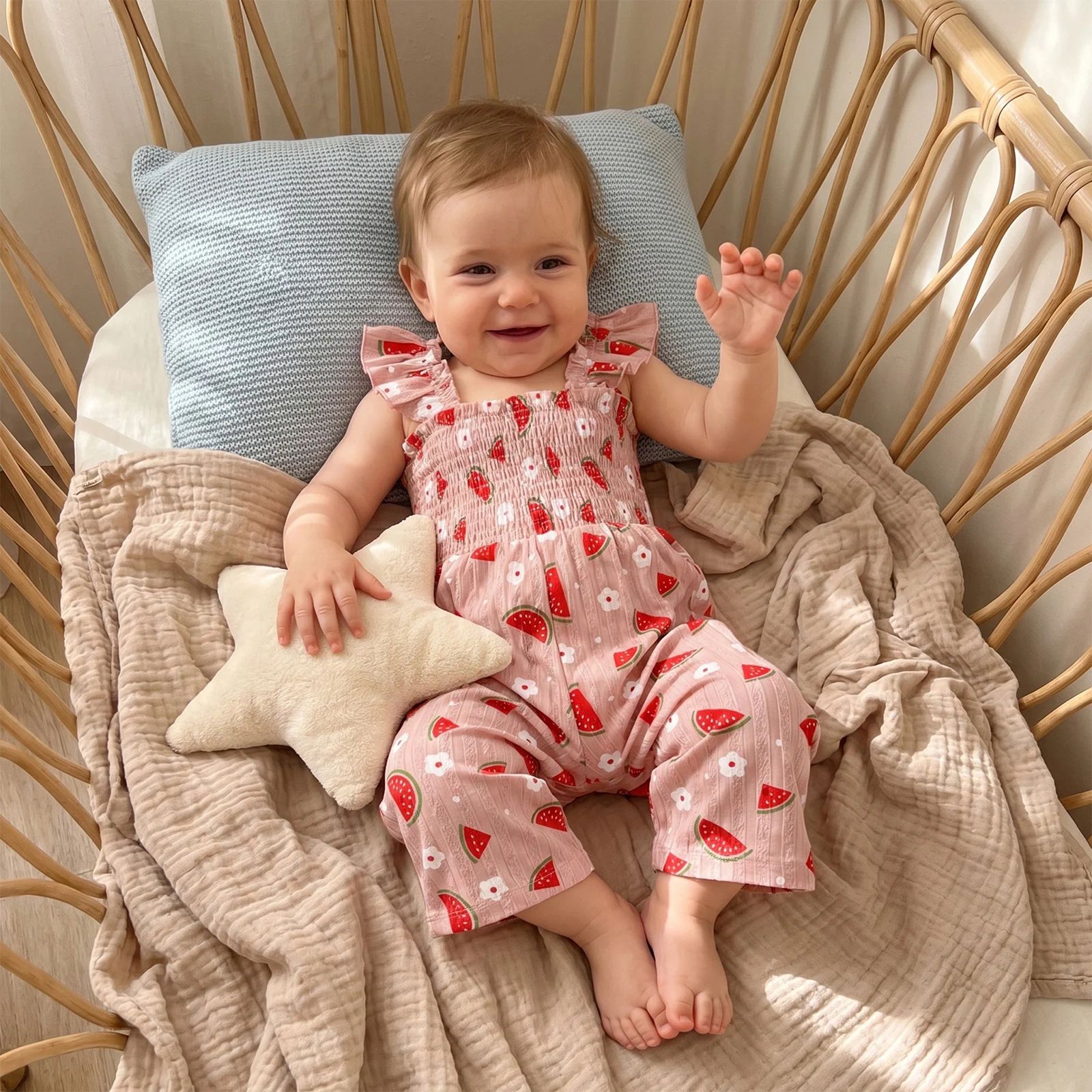 Girls Summer Sleeveless Jumpsuit Shirred Ruffle Shoulder Strap Bow/Strawberry Print Long Overalls Pants