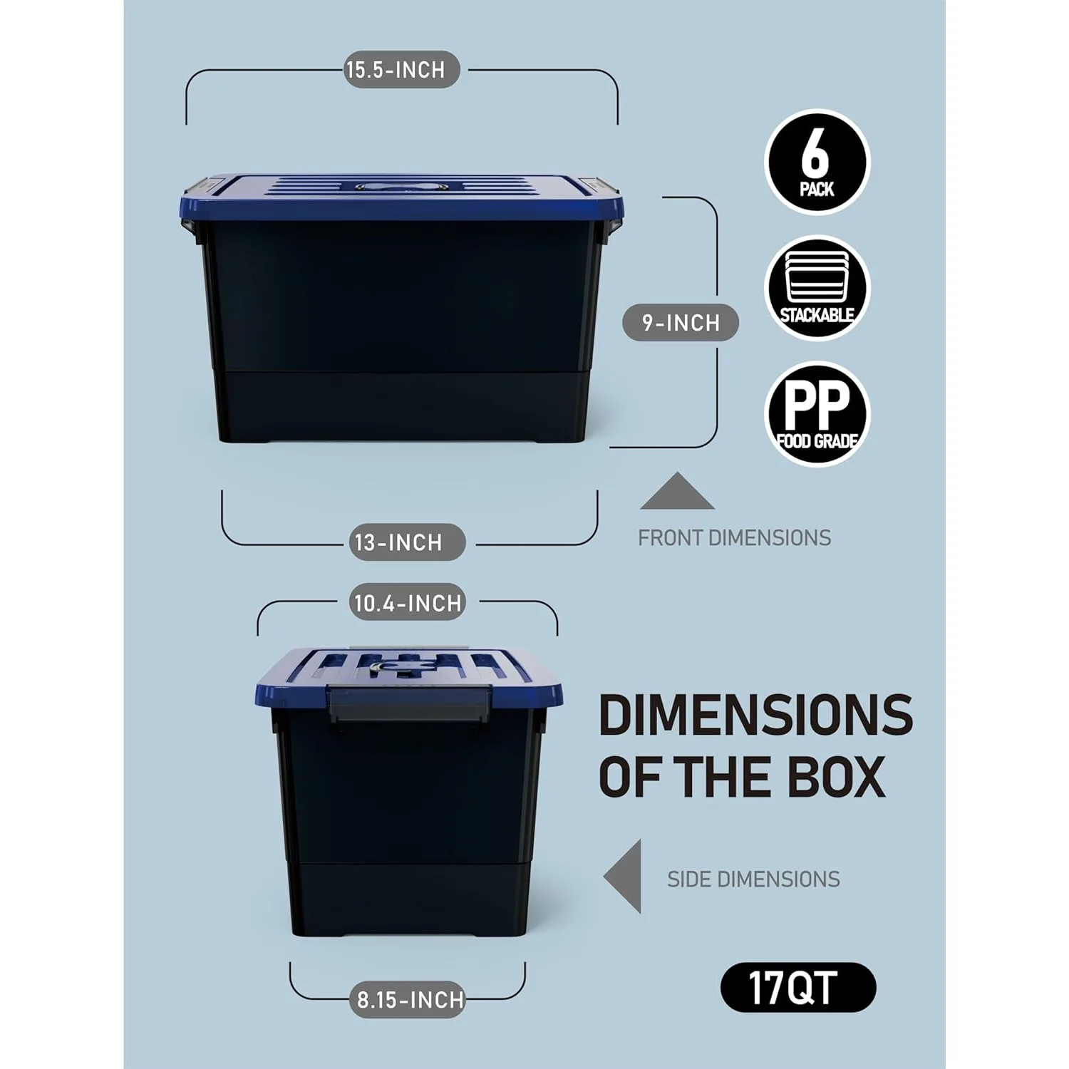 WYT 17 Quart Stackable Plastic Storage Bins with Blue Lids, 6 Pack Black Containers with Latching Buckles and Handle