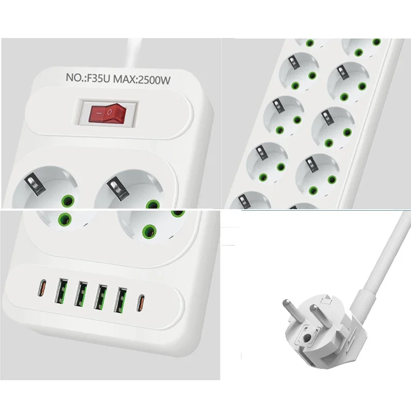 EU Plug Power Strip AC Outlet Multitap Extension Cord Electrical Socket With 4 USB Ports Fast Charge Multiprise Network Filter