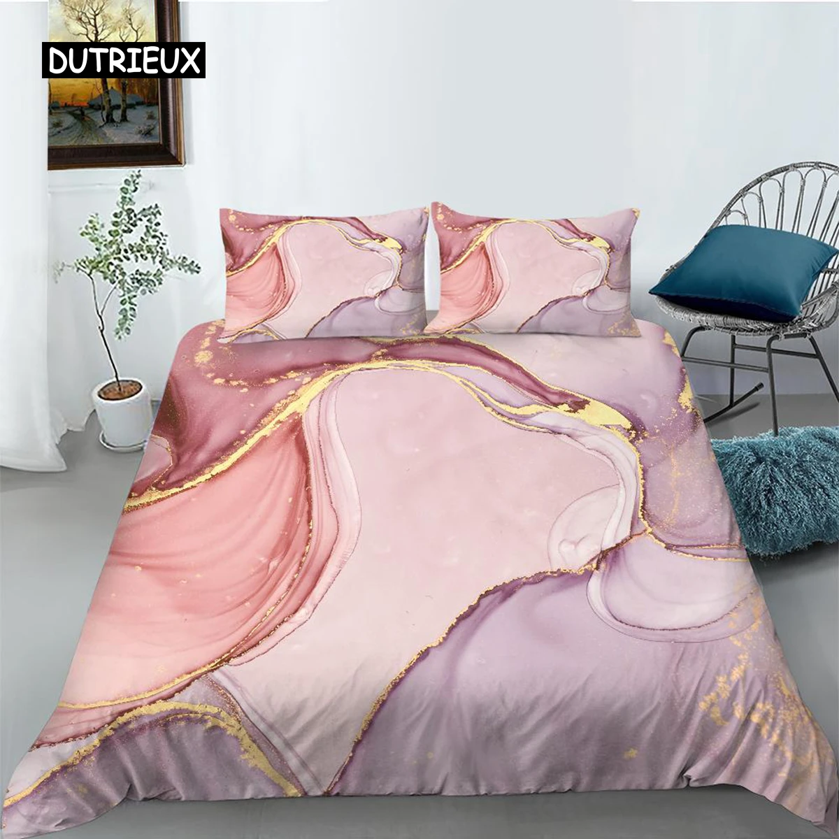 

Marble Duvet Cover Set Pink Printed Queen Size Bedding Set Polyester Abstract Print Decor Golden Comforter Cover for Girls Teens