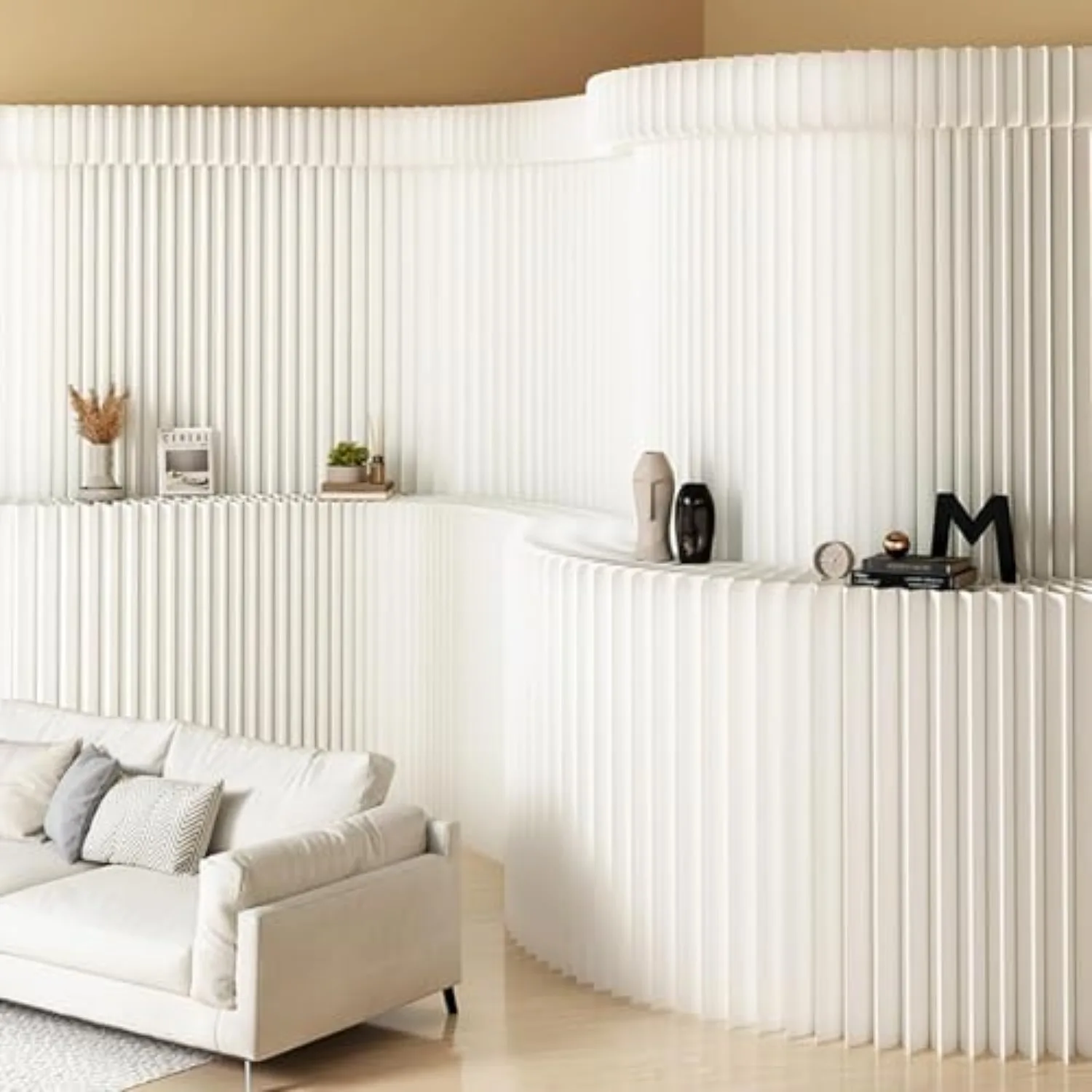 Paper Room Divider with Shelves, Retractable Wall Divider, Accordion Room Partition, Folding Decorative Privacy Screen