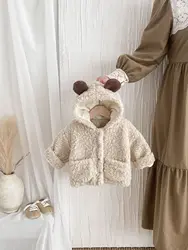 2025 Winter New Baby Long Sleeve Plush Coat Plus Velvet Thick Infant Girls Bear Ears Hooded Cardigan Boys Cute Warm Jacket