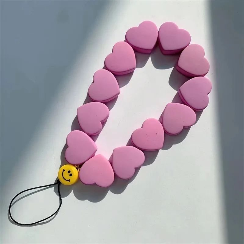 New Ins Colorful Love Heart Resin Simle Face Chains Phone Strap Wrist Mobile Phone Lanyard for Women Girl Charm Jewelry Gift