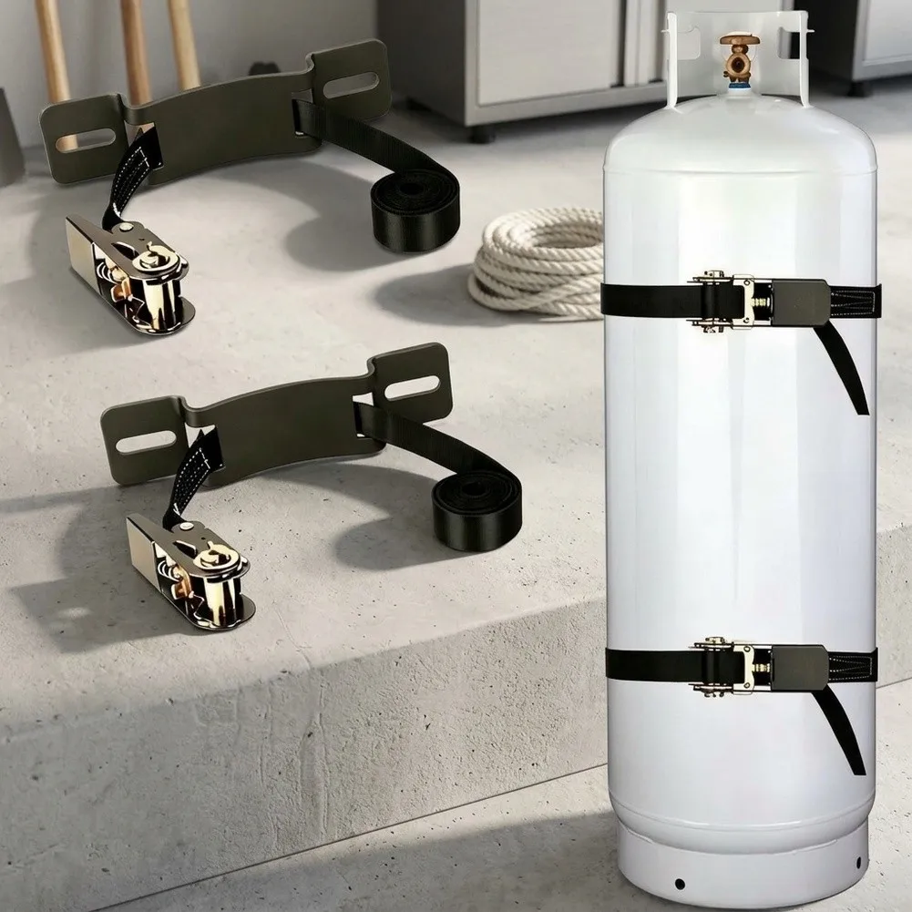 Propane Tank Wall Mount Holder Steel Bracket with 6.56ft Adjustable Ratchet Strap for BBQ Grills Heaters Generators