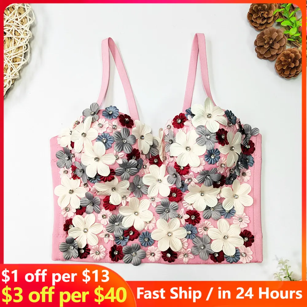 

2023 Summer Flower Appliques Camis Crop Tank Top Camisole Women's Tube Top Elegant Slim Short Tanks Vest Fashion Pink Y2K Corset